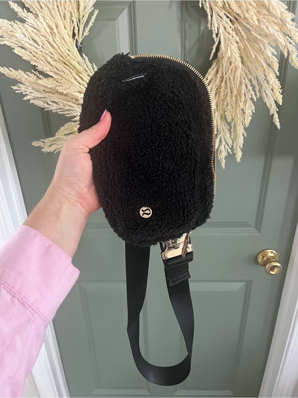 lululemon athletica Black Sherpa Crossbody Belt Bag with Gold Hardware